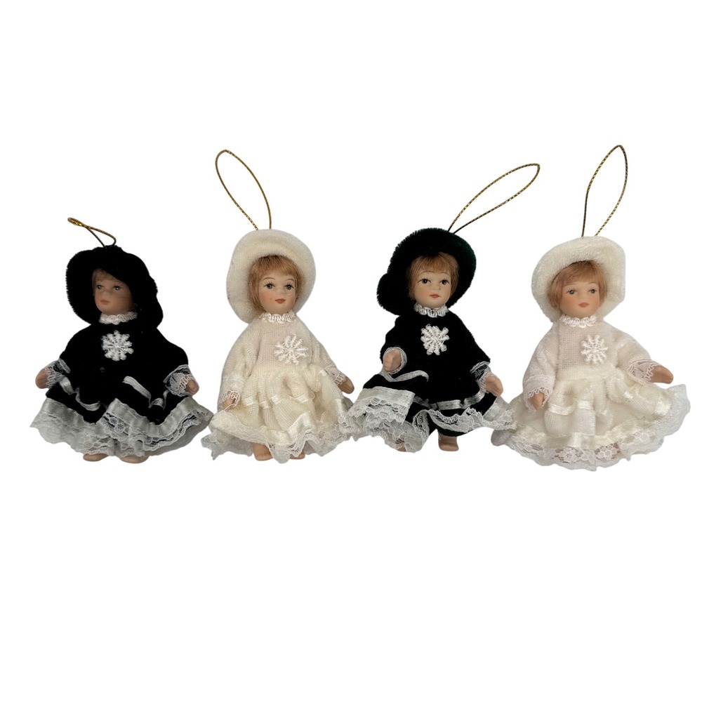 Christmas Ornaments Jointed Victorian Porcelain Doll Set 4pc Bundle Whimsical